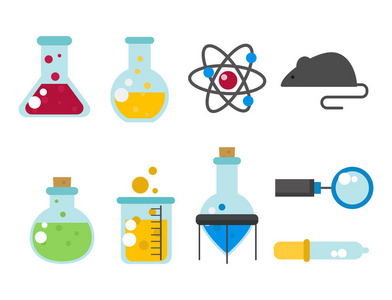 化学实验室瓶玻璃器皿管液体生物技术分析和医学科学设备化学实验室实验矢量图解