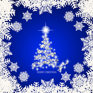 抽象的背景与白色的圣诞树, 雪花和星星。在蓝色和白色的颜色插图。矢量插图