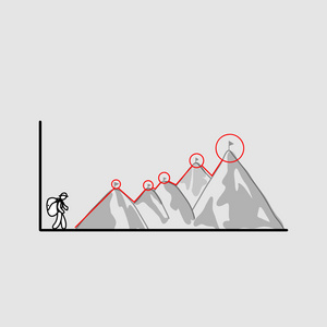 商人走在山顶与旗矢量插图涂鸦手绘素描手绘制黑色线在灰色背景。经营理念。实现目标的方式开始