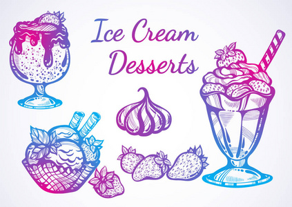手绘精美的冰淇淋甜品收藏。矢量图形图标, 老式食物轮廓元素孤立。完美的菜单模板。印刷, 海报, 纺织品, 贴纸, tshirt