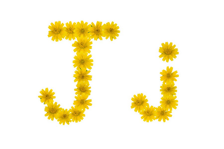 字母j字母表，由白色背景的黄色楔形花制成