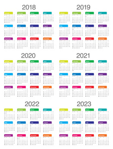 2018 2019年 2020年 2021年 2022年 2023 年日历矢量