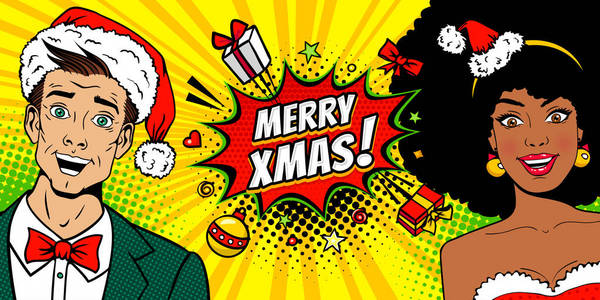 年轻惊讶的人和惊讶的美国黑人妇女与开放的嘴在圣诞老人的帽子和圣诞快乐的讲话气泡。流行艺术漫画风格的矢量背景。新年请柬海报