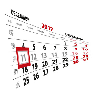 12月11日在日历2017中突出显示。周从星期一开始