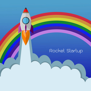 平板火箭和彩虹图标。 商业产品在市场上的启动概念。