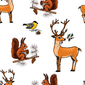无缝花纹鹿, 松鼠和圣诞动物。新的一年企鹅和鸟红衣主教或山雀在森林里。寒假。镌刻在旧的素描和老式的明信片风格的手绘