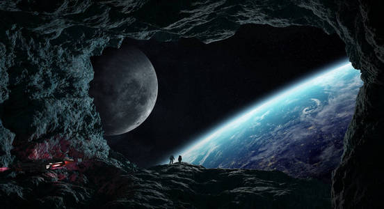 宇航员探索小行星3d 的洞穴渲染元素