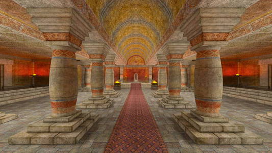 地下寺庙的三维CG渲染。