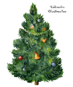 水彩画的圣诞树。手绘松树与玩具, 铃铛和花环在白色背景隔离。假日符号。用于设计或打印