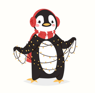 微笑企鹅圣诞节企鹅矢量卡通可爱的小鸟庆祝圣诞节 playfull 快乐企鹅