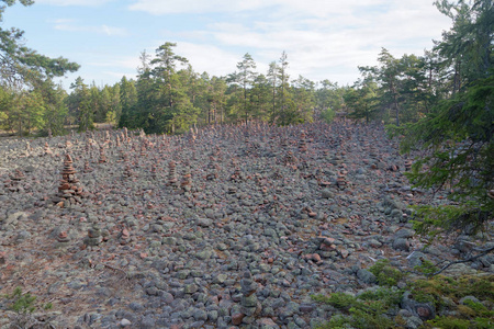 在森林中覆盖着许多神秘的石头堆的地区照片