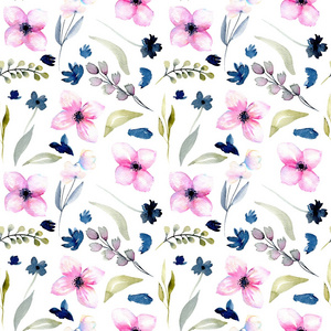 水彩粉色和蓝色野花绿叶和树枝的无缝图案，手绘在白色的背景上