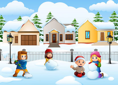 卡通儿童在雪地里玩耍的矢量插图