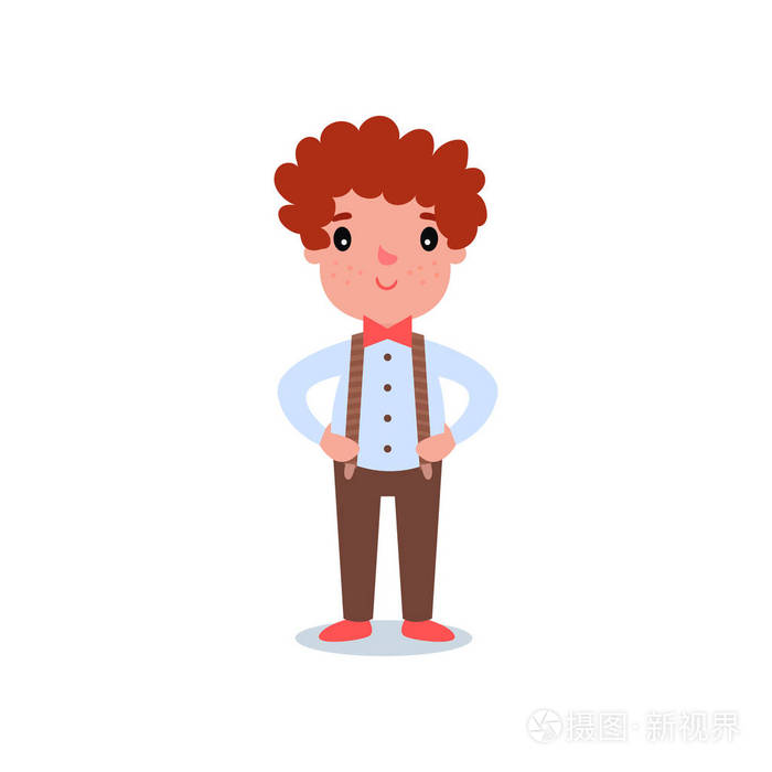 卡通人物的小男孩与红头发和雀斑.孩子穿着时尚的衣服棕色的裤子, 吊