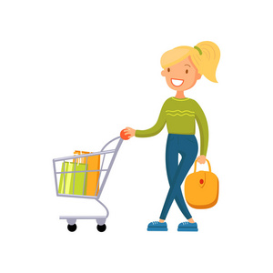 微笑的妇女推挤购物车, 女孩购物在购物中心动画片矢量例证照片