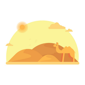一只骆驼站在沙丘的背景下。在骆驼周围的炎热的沙地沙漠。平面矢量插图