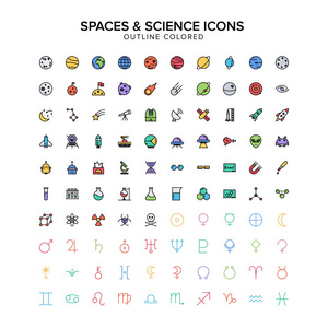 空间和科学轮廓图标彩色设置
