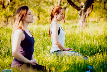 两个年轻女孩在公园里练习瑜伽。