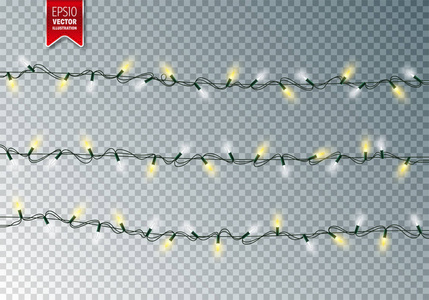 圣诞灯饰在透明背景上的装饰发光的花环。圣诞节和新年假期闪亮多彩的装饰