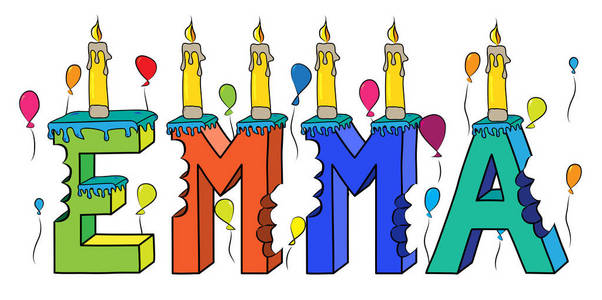 艾玛的名字被咬了五颜六色的3d 刻字生日蛋糕与蜡烛和气球