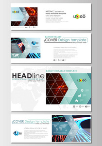 社交媒体和电子邮件标题集, 现代横幅。业务模板。封面模板, 平面布局的流行格式。抽象线背景与颜色发光的霓虹灯小河, 运动设计载体