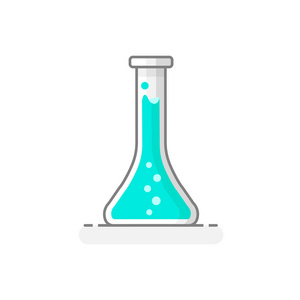 带有化学液体实验室玻璃器皿图标的科学锥形烧瓶2.平面设计理念。 矢量图。