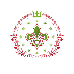 皇家象征百合花图形标志由国王皇冠组成。 纹章矢量设计元素。 复古风格标签纹章标志。