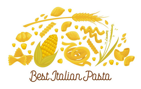 精美美味的意大利面食广告海报与糕点产品袋面粉，金麦穗和成熟玉米作物在大圆圈孤立的卡通矢量插图白色背景。