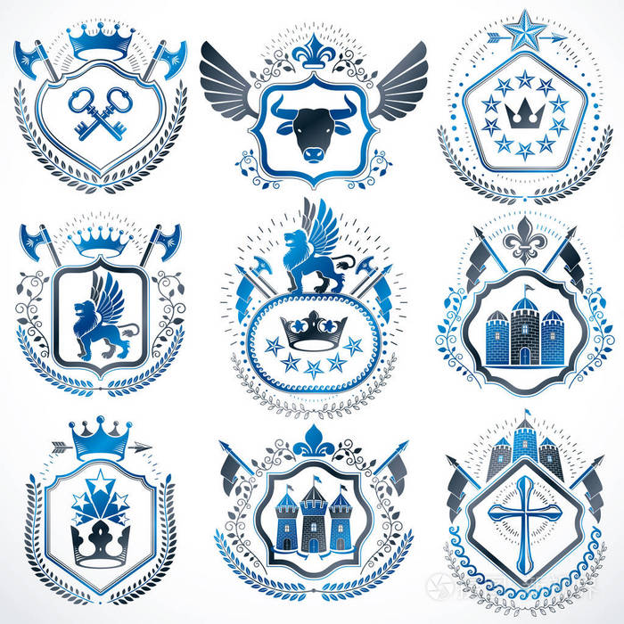 一套矢量复古徽章与设计元素,如中世纪城堡,军械库,野生动物,皇家皇冠