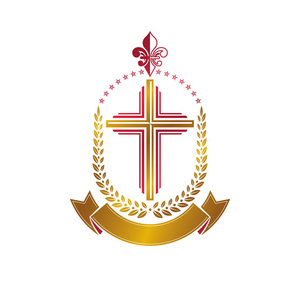 基督教十字装饰金徽. 纹章矢量设计元素由桂冠花环和豪华丝带组成.