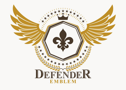 纹章标志使用矢量复古元素鹰翼和君主皇冠制作照片