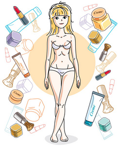 迷人的年轻金发女人穿着内衣站在五颜六色的背景与化妆品配件。 矢量人体插图。