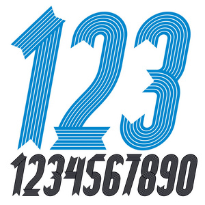 一组酷的几何矢量数字现代数字集合。 时尚斜体浓缩粗体数字从0到9可以用于标志创建。 使用条纹平行线创建。