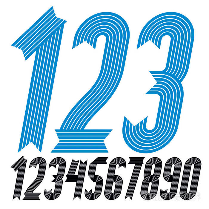 时尚斜体浓缩粗体数字从0到9可以用于标志创建. 使用条纹平行线创 ..