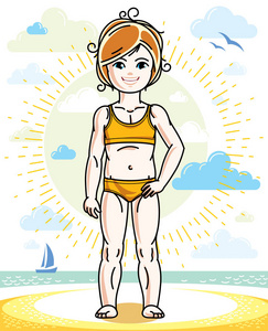 快乐的小红头发女孩在阳光明媚的海滩上摆姿势，穿着明亮的泳衣。 矢量字符。