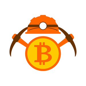 挖掘比特币加密货币.工人与镐照片