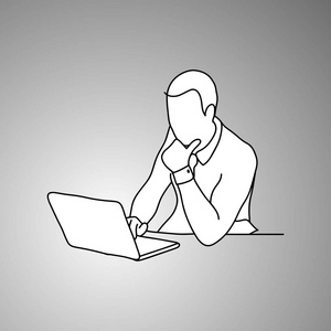 黑色的素描本严重的商人使用笔记本电脑笔记本电脑上的表矢量插图涂鸦