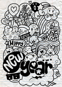 矢量线艺术涂鸦怪物一套物品和符号在新年快乐主题矢量插图涂鸦可爱怪物背景手绘涂鸦。