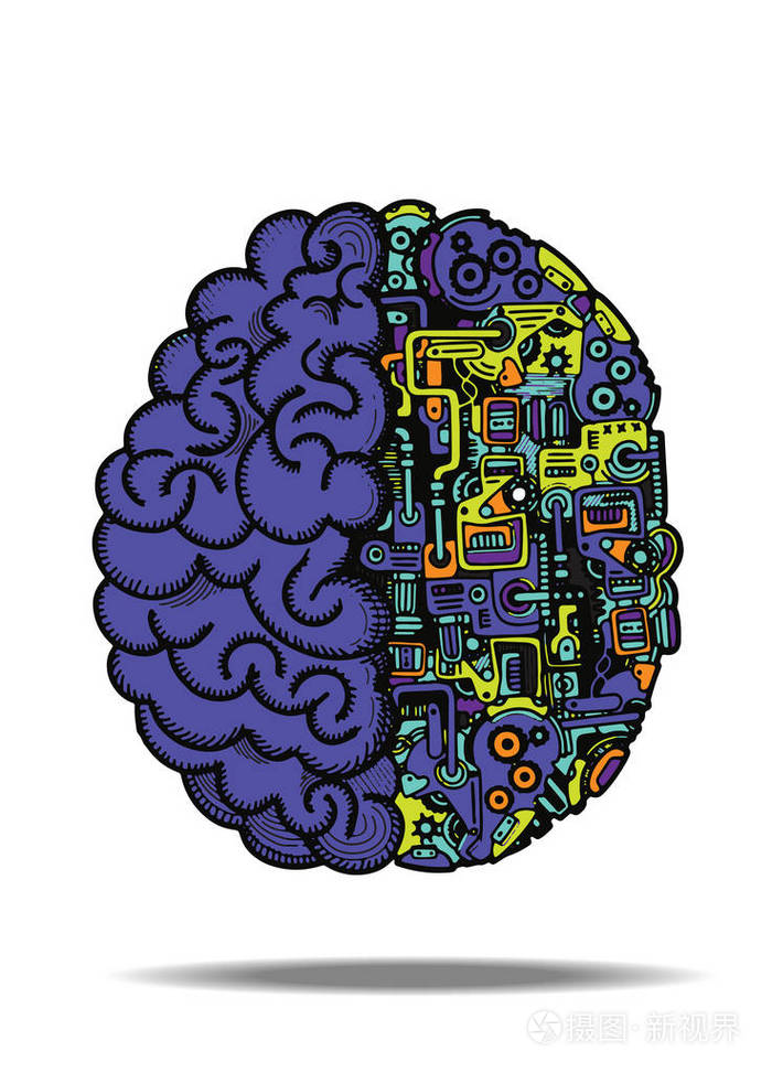 用自动计算引擎设备对人脑进行详细的人脑结合的手绘矢量图解