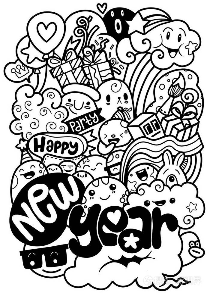矢量线艺术涂鸦怪兽的对象和符号在新年快乐的主题, 矢量插图的涂鸦