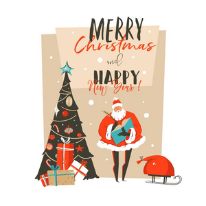 手绘矢量抽象圣诞快乐新年时光卡通插画贺卡与圣诞老人惊喜礼品盒, 圣诞树和排版在白色背景隔离