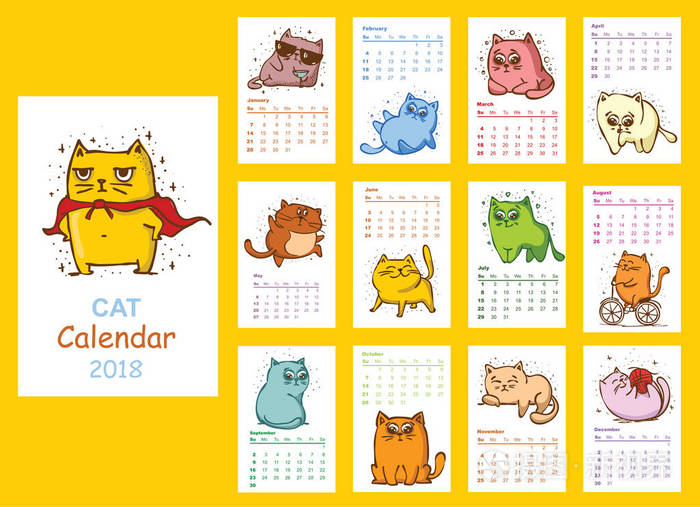 日历2018.可爱的猫每个月. 矢量. 孤立的.