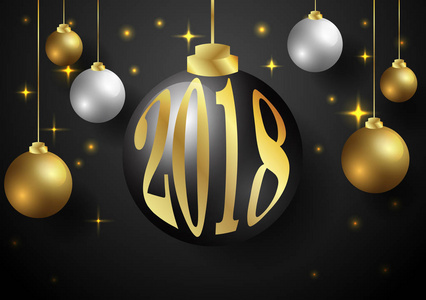 圣诞快乐, 新年贺卡和闪光装饰。黑色和金色的背景与圣诞球。伟大的贺卡矢量插图