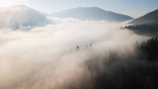 有晨雾的高山鸟瞰图