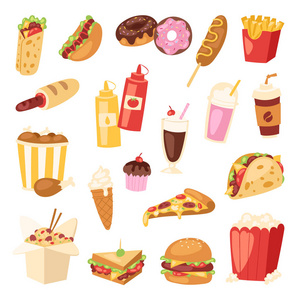 动画片快餐不健康汉堡三明治, 汉堡包, 比萨膳食餐馆菜单小吃矢量插图