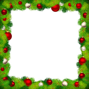 矢量圣诞框架与红色和银球和绿色冷杉枝。