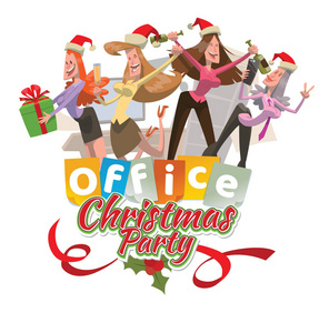 办公室标志 圣诞节党 与四跳舞的妇女