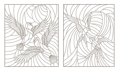 设置彩色玻璃鸟, 一对天鹅和天空中的一对燕子在背景太阳的轮廓插图
