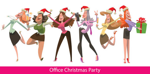 办公室圣诞节党与六跳舞的妇女