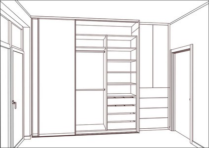 3d 矢量草图.室内有滑动门的空衣柜照片